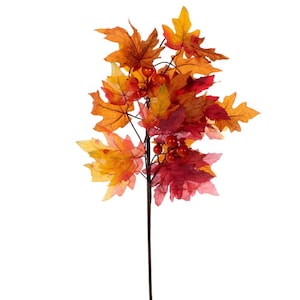 May include: A decorative artificial branch featuring a collection of maple-shaped leaves in vibrant shades of yellow, orange, and deep red. The branch includes small clusters of round, glossy red berries interspersed among the foliage on a brown stem.