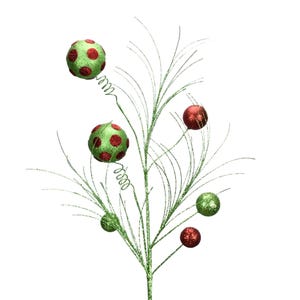 24” Dots and Stripes Spiral Ball Spray Green & Red, Christmas Sprays, Christmas Tree Decorations, Wreath Attachments, Red and Green Sprays