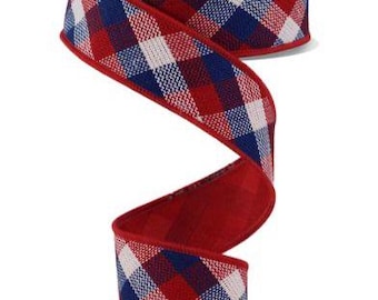 Patriotic Red White Blue Wired Ribbon, 1.5 Inch Check Ribbon, 10 Yard Decorative Wired Ribbon for Wreaths, Fourth of July Craft Ribbon