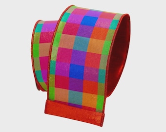 Farrisilk Mulit-Color Checks 4” Ribbon, Luxury Ribbon, Premium Holiday Ribbon, Designer Ribbon,  Christmas Tree Ribbon, Bright Spring Ribbon
