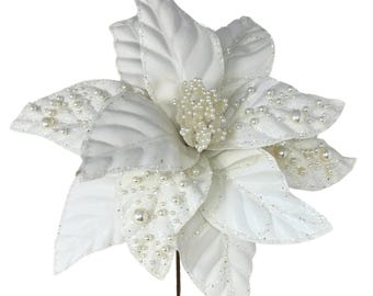 Tallo de flor de Pascua de perlas de piel sintética blanca de 60 cm / Adorno navideño de lujo, decoración floral blanca para el árbol de Navidad, suministros para coronas