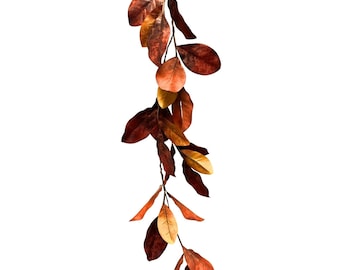 May include: A vertical garland featuring artificial leaves in shades of deep burgundy, burnt orange, and golden yellow. The foliage is attached to a thin, flexible brown stem, creating a cascading arrangement of autumn-coloured botanical elements.