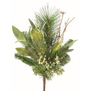 May include: A decorative floral arrangement featuring a variety of green foliage, including pine needles, leaves, and small berries. The arrangement has a natural, rustic appearance, with a brown stem at the base. Ideal for home decor or seasonal displays.
