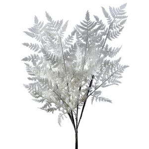May include: A faux fern plant with white, feathery leaves and dark brown stems. The artificial plant has multiple branches and is set against a white background. This decorative plant is suitable for home decor and floral arrangements.