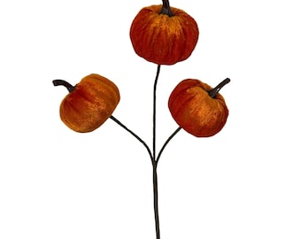 David Christopher Velvet Pumpkin Pick x 3 Orange 9", Fall Pumpkin Stem