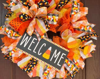Candy Corn Halloween Wreath - Deco Mesh Welcome Wreath - Fall Front Door Decor - Orange Yellow Black Wreath - Trick or Treat Porch Wreath