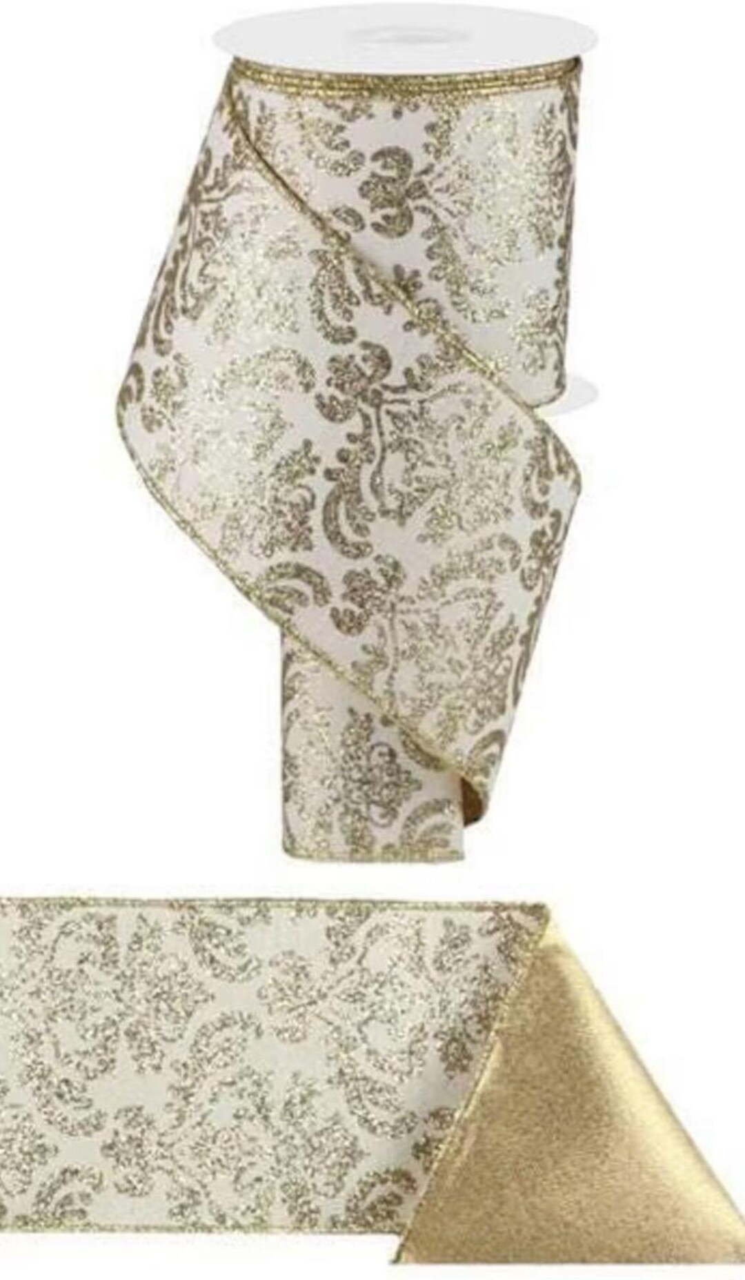 Bold Ribbon 2.5” X 10yd Bold Damask Metallic Ribbon – Ivory & Light Gold, Fused ...