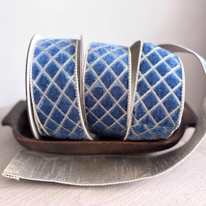Farrisilk 2.5" x 10 Yards Blue Velvet Ribbon with Metallic Gold Diamond Pattern | Luxury Wired Ribbon for Wreaths, Bows & Tree Decor image 1