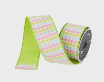 Cinta Farrisilk de cuadros pastel en rosa claro y verde lima, 6,35 cm x 9,5 m. Cinta de Pascua con alambre para coronas, lazos y manualidades.