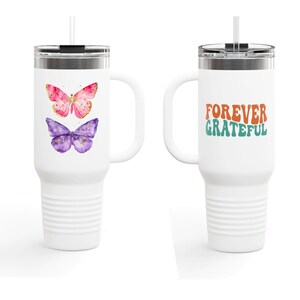 Insulated Travel Mug, 40oz, Polar Camel Thermal, Tumbler with handle, 100% Stainless steel, Double-wall, Straw and lid, Butterfly, Gratitude