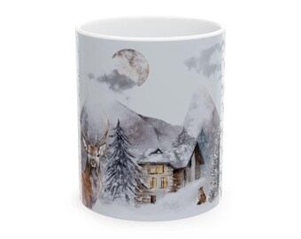Keramiktasse, 11 Unzen, Kaffeetasse, bedruckter Becher, Kaffeetasse, Teetasse, Heiße Schokoladentasse, Geschenk, Winter, Hirsch, Fuchs, Schnee, Berge, Mond