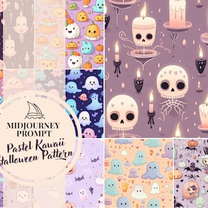 Puede incluir: Un conjunto de nueve patrones de Halloween kawaii pastel con fantasmas, calabazas, velas y calaveras. Los patrones son perfectos para crear manualidades de Halloween divertidas y festivas.