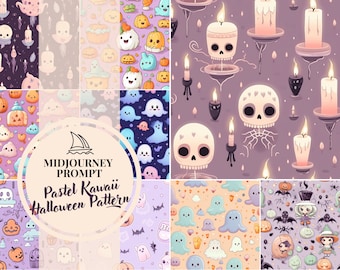 Mensaje de patrón de Halloween en colores pastel, kawaii, Aviso de mitad de viaje, el mejor Aviso de mitad de viaje, Aviso de Ai, ingeniería rápida, patrón sin costuras, Aviso de AI
