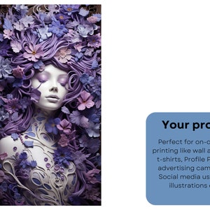 May include: A digital illustration of a woman's face with purple hair and flowers. The woman's face is surrounded by purple and blue flowers. The flowers are made of paper or fabric.