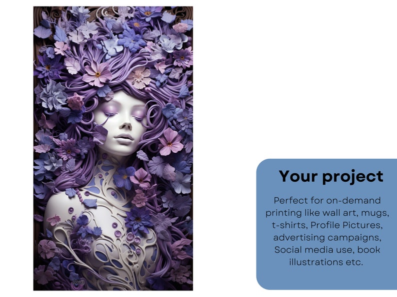 May include: A digital illustration of a woman's face with purple hair and flowers. The woman's face is surrounded by purple and blue flowers. The flowers are made of paper or fabric.