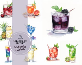 Watercolor Cocktails Clipart Midjourney Prompt, best Midjourney Prompt, Ai Prompt, Midjourney Prompts, Summer drinks, Aquarell
