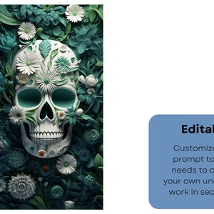 May include: A white sugar skull with green and white flowers, leaves, and vines. The skull is surrounded by a dark green background.