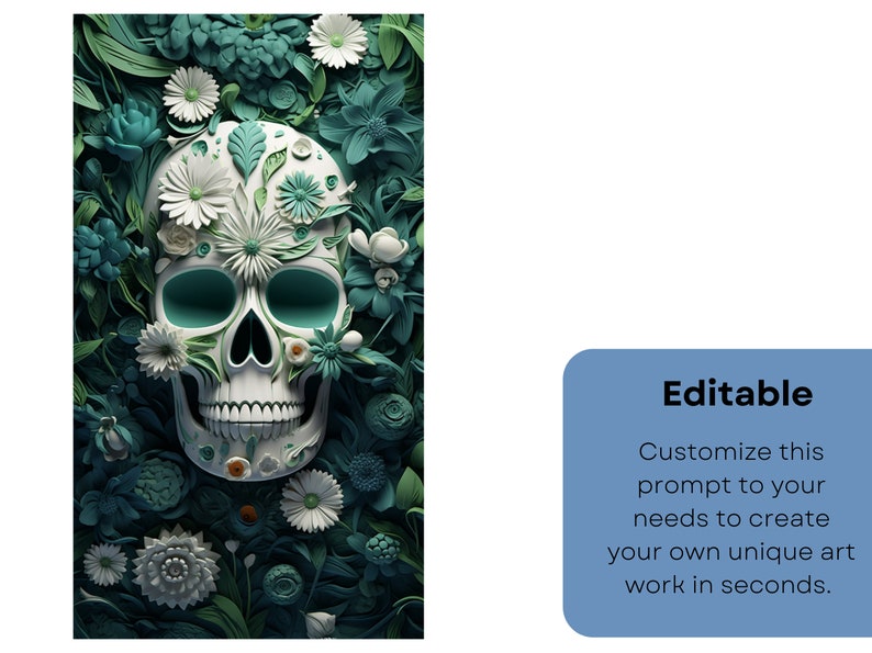 May include: A white sugar skull with green and white flowers, leaves, and vines. The skull is surrounded by a dark green background.