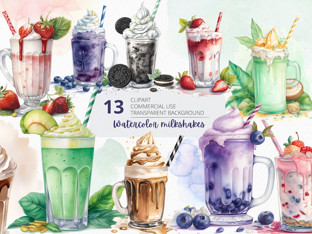 Watercolor Milkshakes Clipart, 13 PNG Files, Commercial Use, Digital ...
