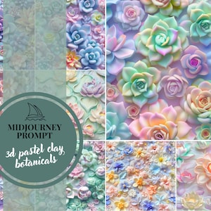 May include: A collage of 3D pastel clay botanical designs, including succulents and flowers in shades of pink, blue, green, and yellow. The image includes the text "MIDJOURNEY PROMPT" and "3d pastel clay botanicals" in a circular design.