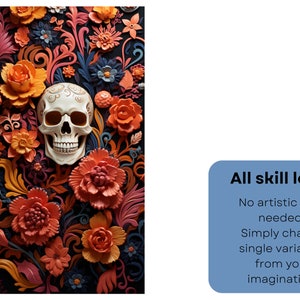 May include: A white sugar skull with intricate details is surrounded by colorful, 3D paper flowers in shades of orange, pink, and blue. The flowers are arranged in a floral pattern against a dark background.