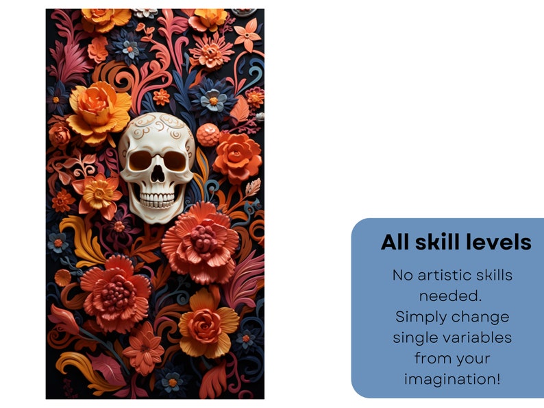 May include: A white sugar skull with intricate details is surrounded by colorful, 3D paper flowers in shades of orange, pink, and blue. The flowers are arranged in a floral pattern against a dark background.