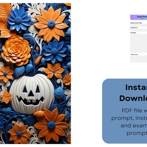 May include: A white jack-o'-lantern with a carved face surrounded by blue and orange paper flowers. The flowers are arranged in a circular pattern around the pumpkin. The background is a dark blue.