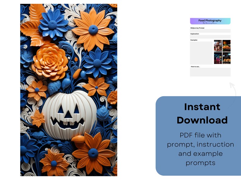 May include: A white jack-o'-lantern with a carved face surrounded by blue and orange paper flowers. The flowers are arranged in a circular pattern around the pumpkin. The background is a dark blue.