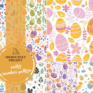 Puede incluir: Un conjunto de nueve patrones sin costuras que presentan huevos de Pascua, conejos, pollitos y diseños florales en varios colores, incluidos amarillo, rosa, azul, verde y morado. Los patrones son perfectos para crear manualidades de Pascua festivas, papel de regalo o tela.