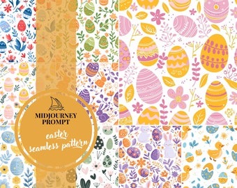 Patrón caricaturesco de Pascua, el mejor mensaje de Midjourney, mensaje Ai, guía rápida, patrón sin costuras de Pascua, lindo patrón de primavera, conejito, huevos