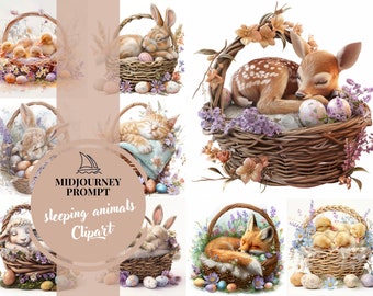 Imágenes prediseñadas de animales lindos durmiendo en una canasta, el mejor mensaje de mitad de viaje, mensaje de Ai, guía rápida, animales de Pascua, imágenes prediseñadas de acuarela de animales bebés
