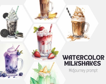 Watercolor Milkshakes Clipart Midjourney Prompt, best Midjourney Prompt, Ai Prompt, Midjourney Prompts, Summer drinks, coffee shop