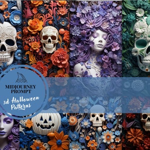 May include: A collage of six images featuring 3D Halloween patterns. The images depict skulls, a pumpkin, and a woman with flowers. The images are all in a 3D style and have a whimsical and spooky feel.