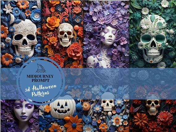 3D Halloween pattern prompt, Midjourney Prompt, beste Midjourney Prompt, Ai Prompt, prompt engineering, spooky seamless pattern, skeleton