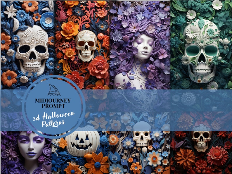 May include: A collage of six images featuring 3D Halloween patterns. The images depict skulls, a pumpkin, and a woman with flowers. The images are all in a 3D style and have a whimsical and spooky feel.