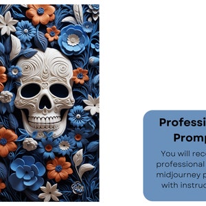 May include: A white sugar skull with intricate designs is surrounded by blue, orange, and white paper flowers. The skull is a traditional symbol of Day of the Dead.