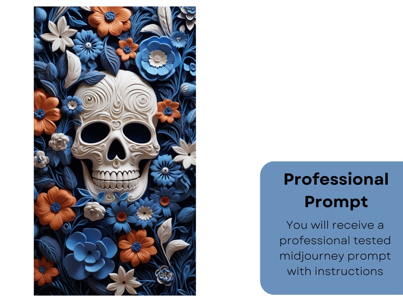 May include: A white sugar skull with intricate designs is surrounded by blue, orange, and white paper flowers. The skull is a traditional symbol of Day of the Dead.