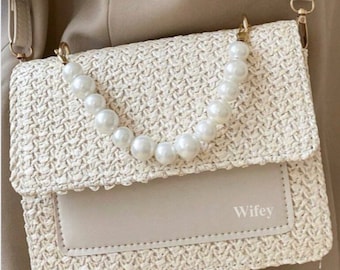 Personalised bridal Pearl handbag, woven bag, bridal shower gift, honeymoon gift, gifts for bride, bride to be hen party, Pearl clutch bag