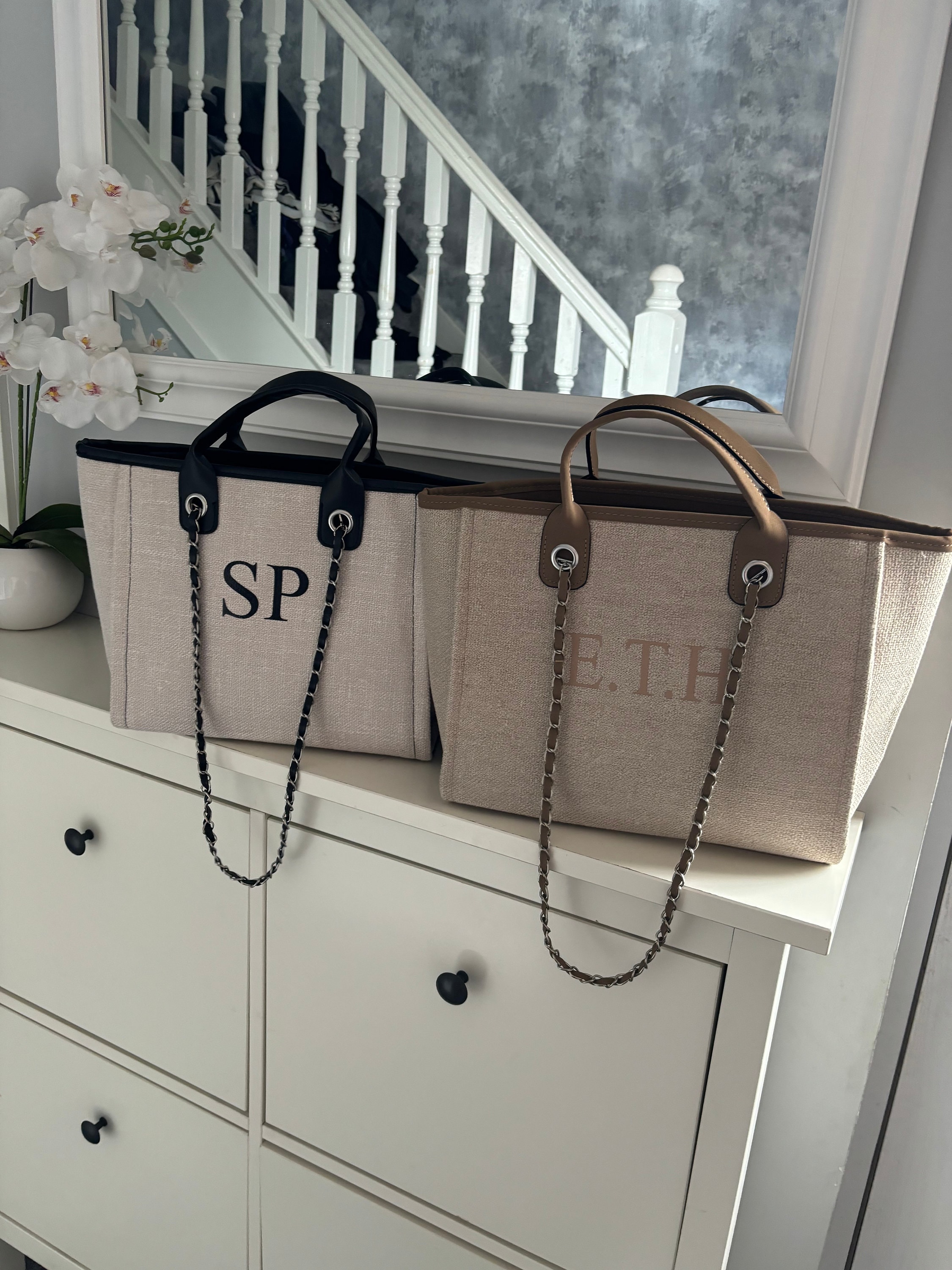Personalised Shoulder Tote Bag, women&#39;s handbag, beach bag, Custom hand bag, Canvas Bag, Gifts For Her, Chain tote bag, Personalised bag