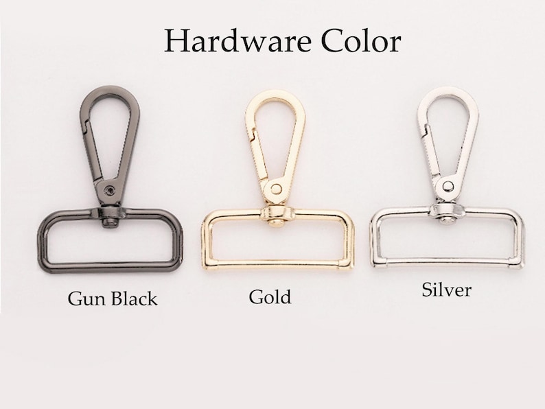 May include: Image of three metal hardware pieces in gun black, gold, and silver. Each piece includes a swivel clasp and a rectangular ring. The text "Hardware Color" is at the top, with the color names below each piece.