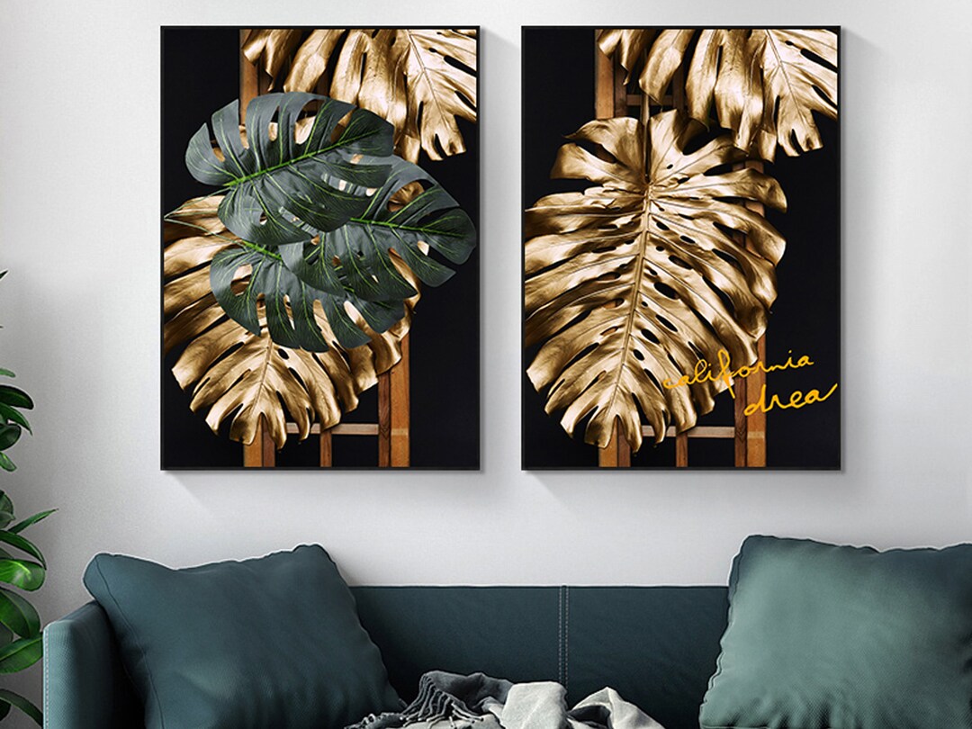 Luxury Black & Gold Leaves Painting Wall Art Print, Modern Art Posters