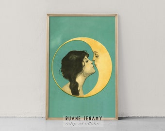 Lámina artística vintage de Mujer besando la luna, póster de Hombre en la luna, Art Nouveau, Art Déco, arte mural antiguo con cara de luna, Querida vieja Dixie Moon