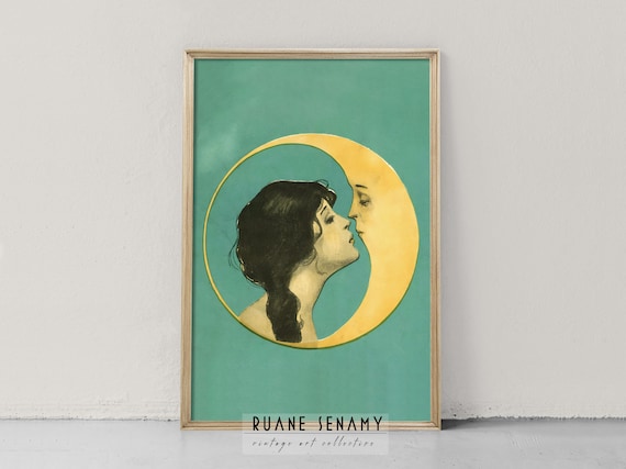 Vintage Woman Kissing Moon Art Print, Man in the Moon Poster, Art Nouveau, Art Deco, Antique Moon Face Wall Art, Dear Old Dixie Moon
