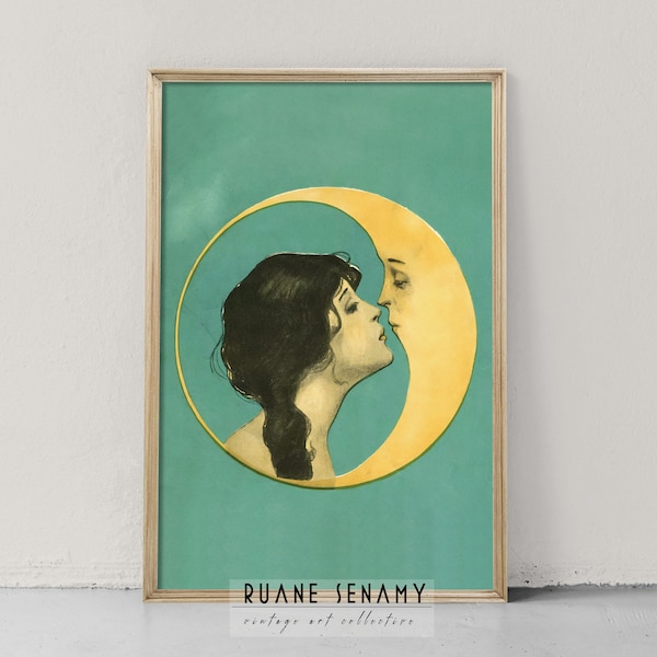 vintage Woman Kissing Moon Art Print, Man in the Moon Poster, Art Nouveau, Art Déco, Antique Moon Face Wall Art, Dear Old Dixie Moon