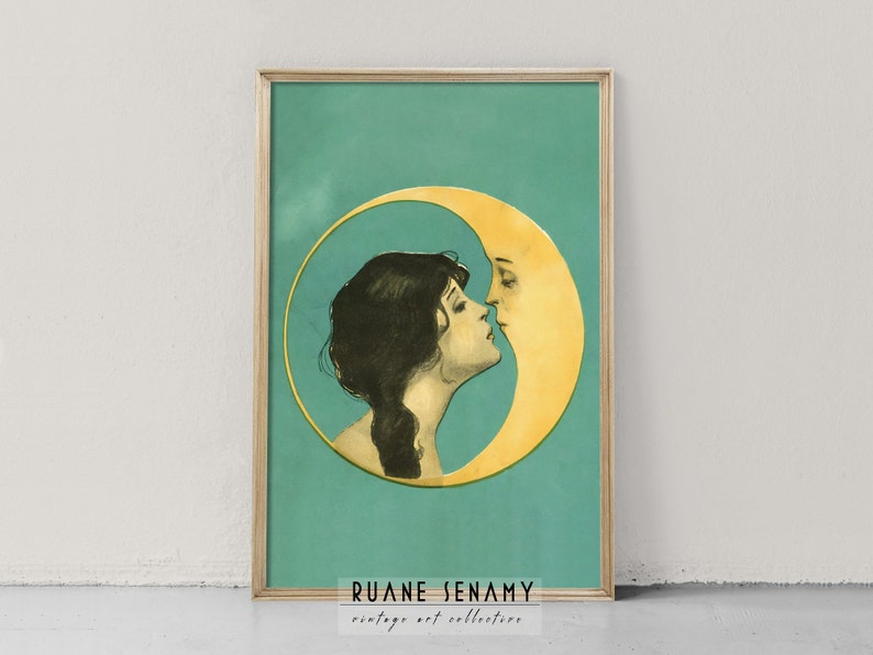 Lámina artística vintage de Mujer besando la luna, póster de Hombre en la luna, Art Nouveau, Art Déco, arte mural antiguo con cara de luna, Querida vieja Dixie Moon imagen 1