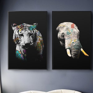 Coole Graffiti Tier Poster und Drucke, Street Art Wohnzimmer Wanddekor, Yong Dekoration, Tiger Elefant Giraffe Leinwand Kunst