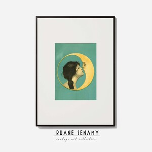 Lámina artística vintage de Mujer besando la luna, póster de Hombre en la luna, Art Nouveau, Art Déco, arte mural antiguo con cara de luna, Querida vieja Dixie Moon imagen 2