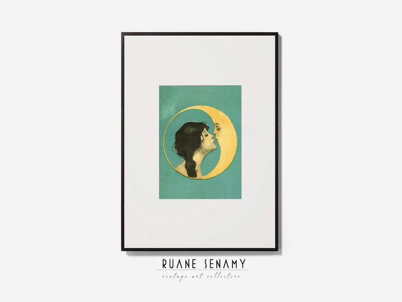 Lámina artística vintage de Mujer besando la luna, póster de Hombre en la luna, Art Nouveau, Art Déco, arte mural antiguo con cara de luna, Querida vieja Dixie Moon imagen 2