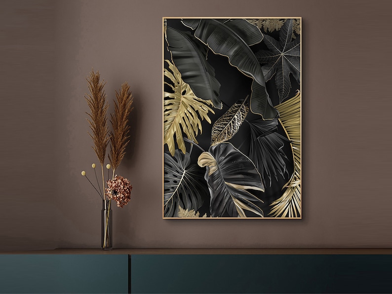 Luxury Black & Gold Leaves Painting Wall Art Print, Modern Art Posters