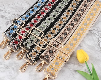 May include: Set of seven colorful woven straps with geometric patterns. The straps have gold metal clasps and are perfect for adding a touch of bohemian style to bags, purses, or other accessories.